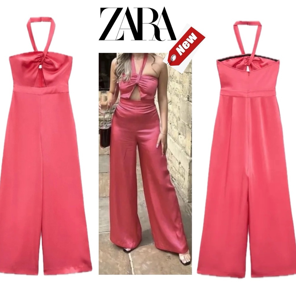 Zara fuchsia pink cut-out satin effect halter top jumpsuit Sz L NWT